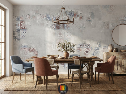 Modern dining room featuring Patina tile-effect wallpaper. Grey wall with distressed texture and faded traditional tile patterns. Ideal wall art for contemporary Egyptian home decor.
غرفة سفرة عصرية تضم ورق جدران بتأثير الباتينا والبلاط. حائط رمادي بتصميم عتيق ونقوش بلاط تقليدية باهتة. مثالي لديكورات المنازل المصرية الحديثة في مصر.
room: dining room