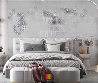 Modern bedroom featuring Patina tile-effect wallpaper. Grey wall with distressed texture and faded traditional tile patterns. Ideal wall art for contemporary Egyptian home decor.
غرفة نوم عصرية تضم ورق جدران بتأثير الباتينا والبلاط. حائط رمادي بتصميم عتيق ونقوش بلاط تقليدية باهتة. مثالي لديكورات المنازل المصرية الحديثة في مصر.
room: bedroom