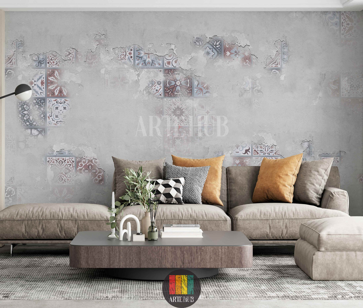 Modern living room featuring Patina tile-effect wallpaper. Grey wall with distressed texture and faded traditional tile patterns. Ideal wall art for contemporary Egyptian home decor.
غرفة معيشة عصرية تضم ورق جدران بتأثير الباتينا والبلاط. حائط رمادي بتصميم عتيق ونقوش بلاط تقليدية باهتة. مثالي لديكورات المنازل المصرية الحديثة في مصر.
room: living room