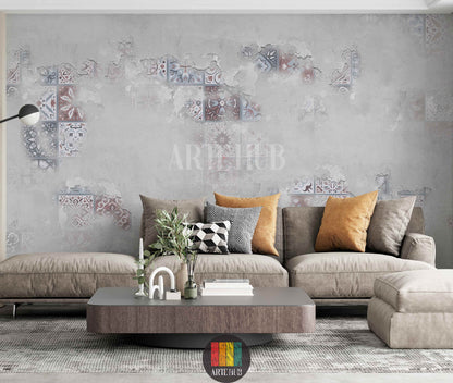 Modern living room featuring Patina tile-effect wallpaper. Grey wall with distressed texture and faded traditional tile patterns. Ideal wall art for contemporary Egyptian home decor.
غرفة معيشة عصرية تضم ورق جدران بتأثير الباتينا والبلاط. حائط رمادي بتصميم عتيق ونقوش بلاط تقليدية باهتة. مثالي لديكورات المنازل المصرية الحديثة في مصر.
room: living room