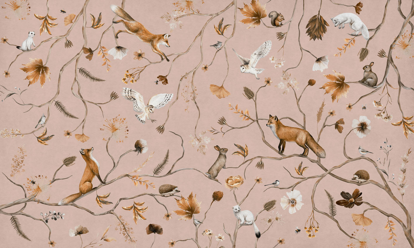 Playful Forest - pink European mural wallpaper design for kids room — Artehub Egypt