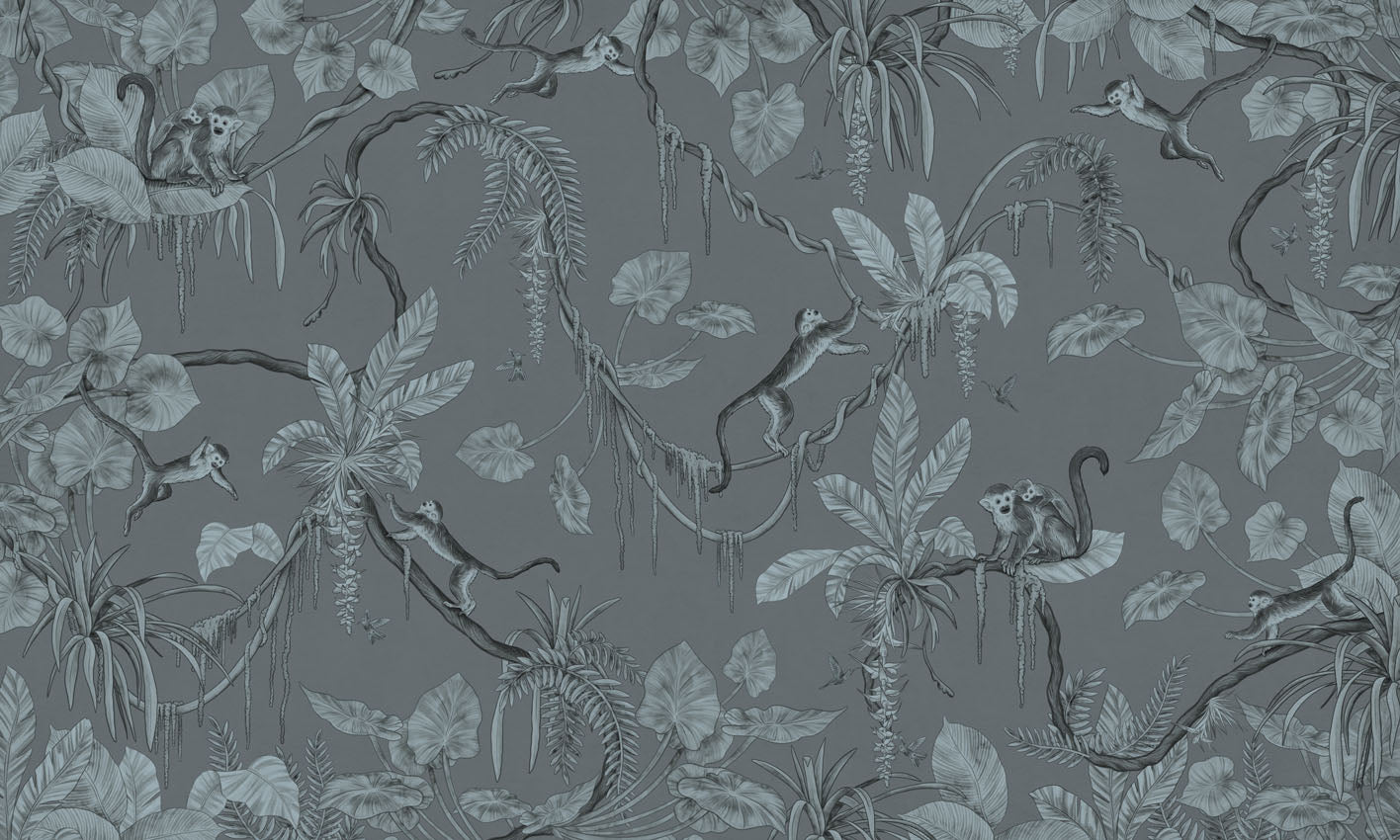 Playful Monkeys - Monochrome - blue European mural wallpaper design for kids room — Artehub Egypt