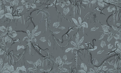 Playful Monkeys - Monochrome - blue European mural wallpaper design for kids room — Artehub Egypt