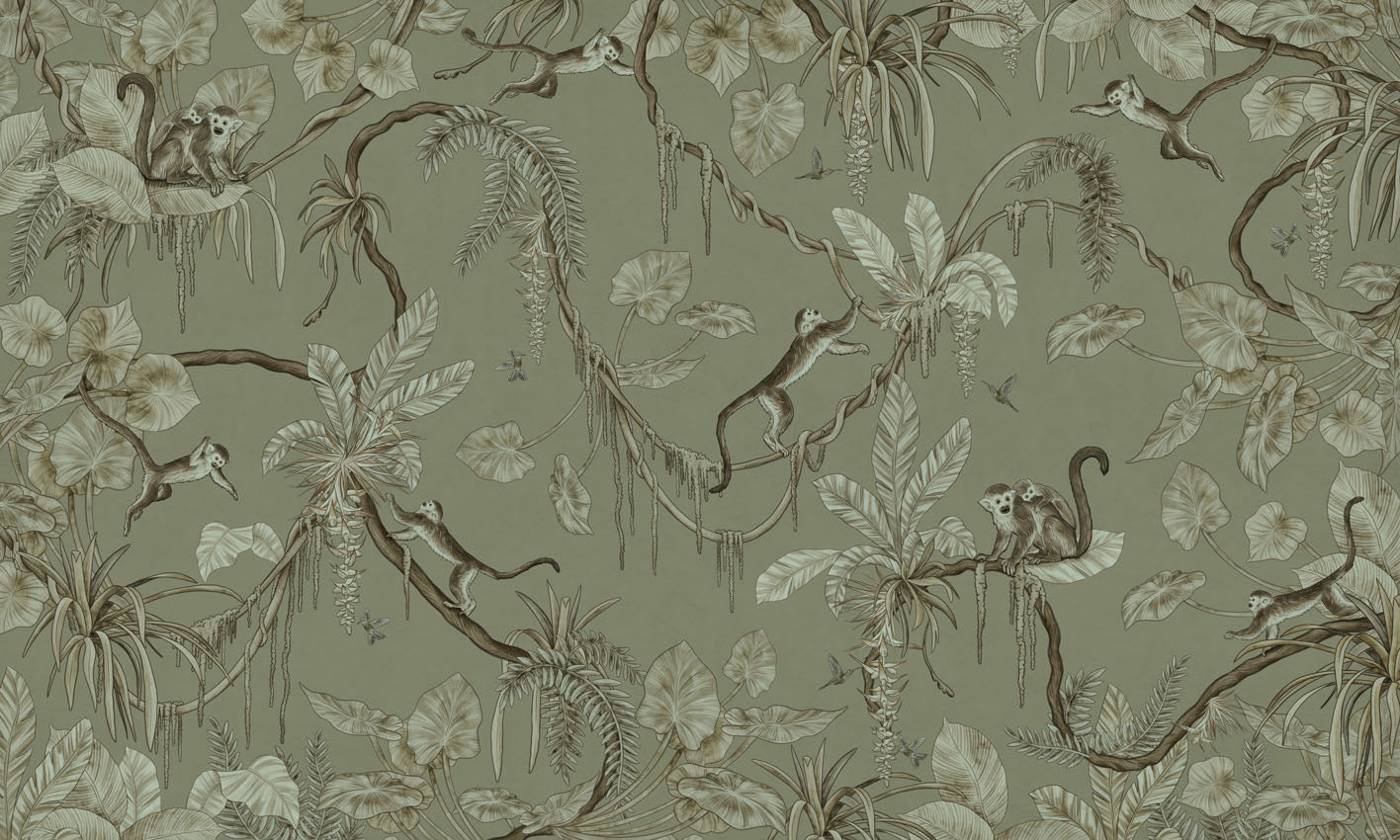 Playful Monkeys - Monochrome - green European mural wallpaper design for kids room — Artehub Egypt