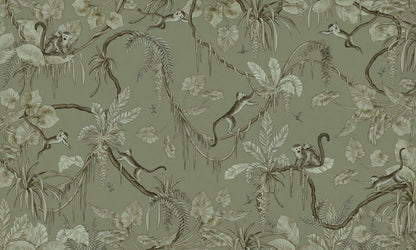 Playful Monkeys - Monochrome - green European mural wallpaper design for kids room — Artehub Egypt