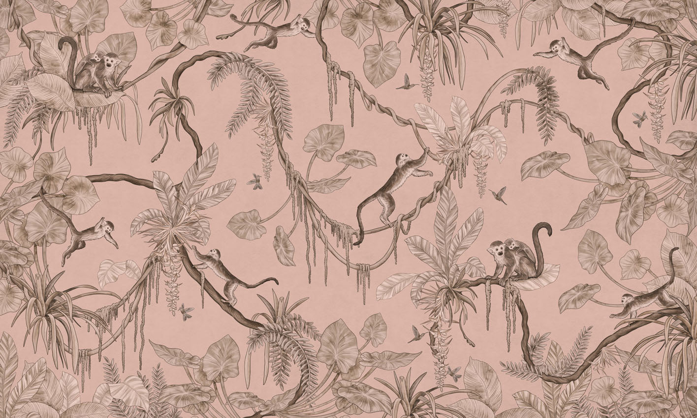 Playful Monkeys - Monochrome - pink European mural wallpaper design for kids room — Artehub Egypt