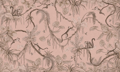 Playful Monkeys - Monochrome - pink European mural wallpaper design for kids room — Artehub Egypt