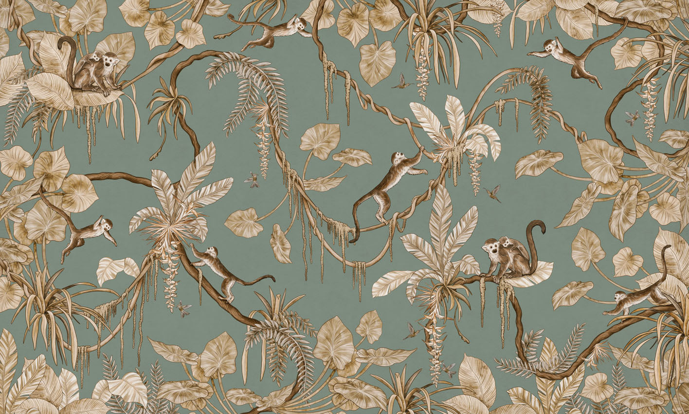 Playful Monkeys - Vintage - green European mural wallpaper design for kids room — Artehub Egypt