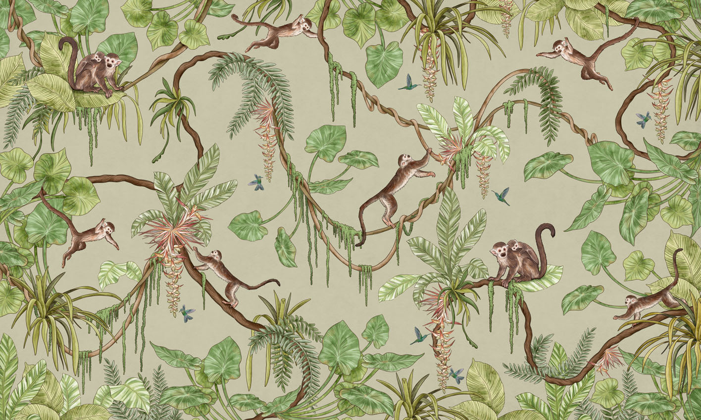 Playful Monkeys - green European mural wallpaper design for kids room — Artehub Egypt