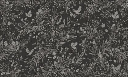 Playful Robins - Monochrome - black European mural wallpaper design for kids room — Artehub Egypt