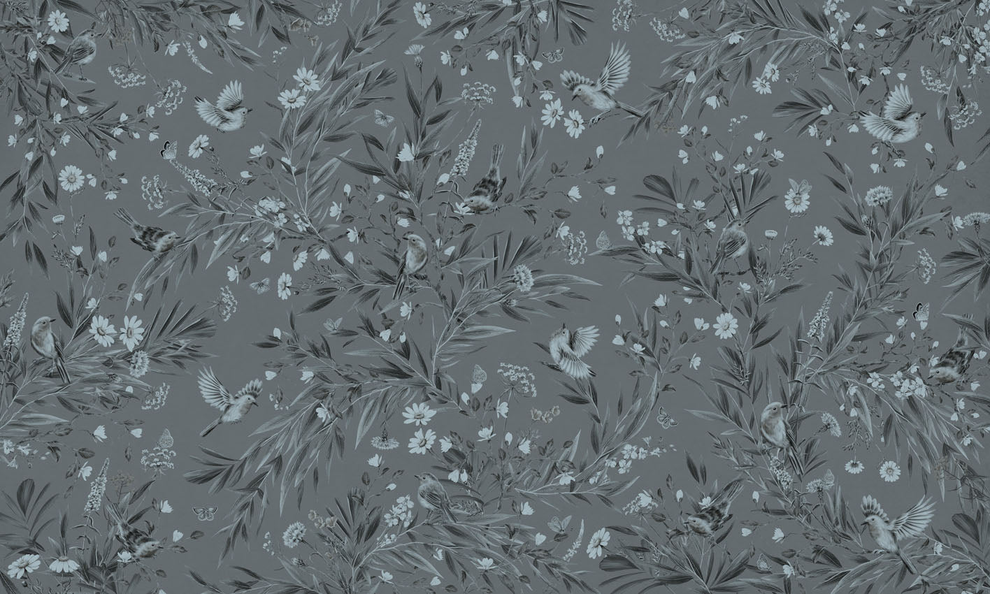Playful Robins - Monochrome - blue European mural wallpaper design for kids room — Artehub Egypt