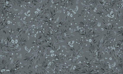 Playful Robins - Monochrome - blue European mural wallpaper design for kids room — Artehub Egypt