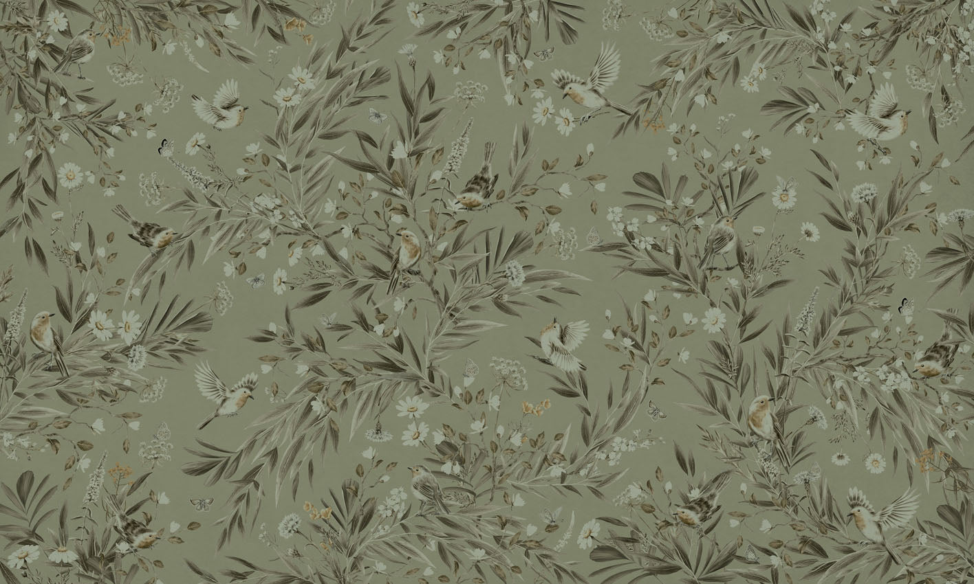 Playful Robins - Monochrome - green European mural wallpaper design for kids room — Artehub Egypt