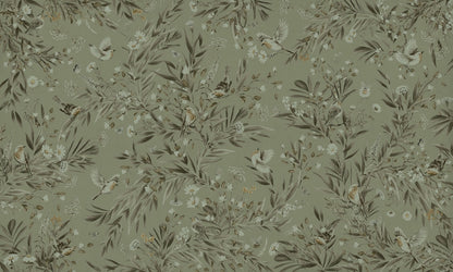 Playful Robins - Monochrome - green European mural wallpaper design for kids room — Artehub Egypt