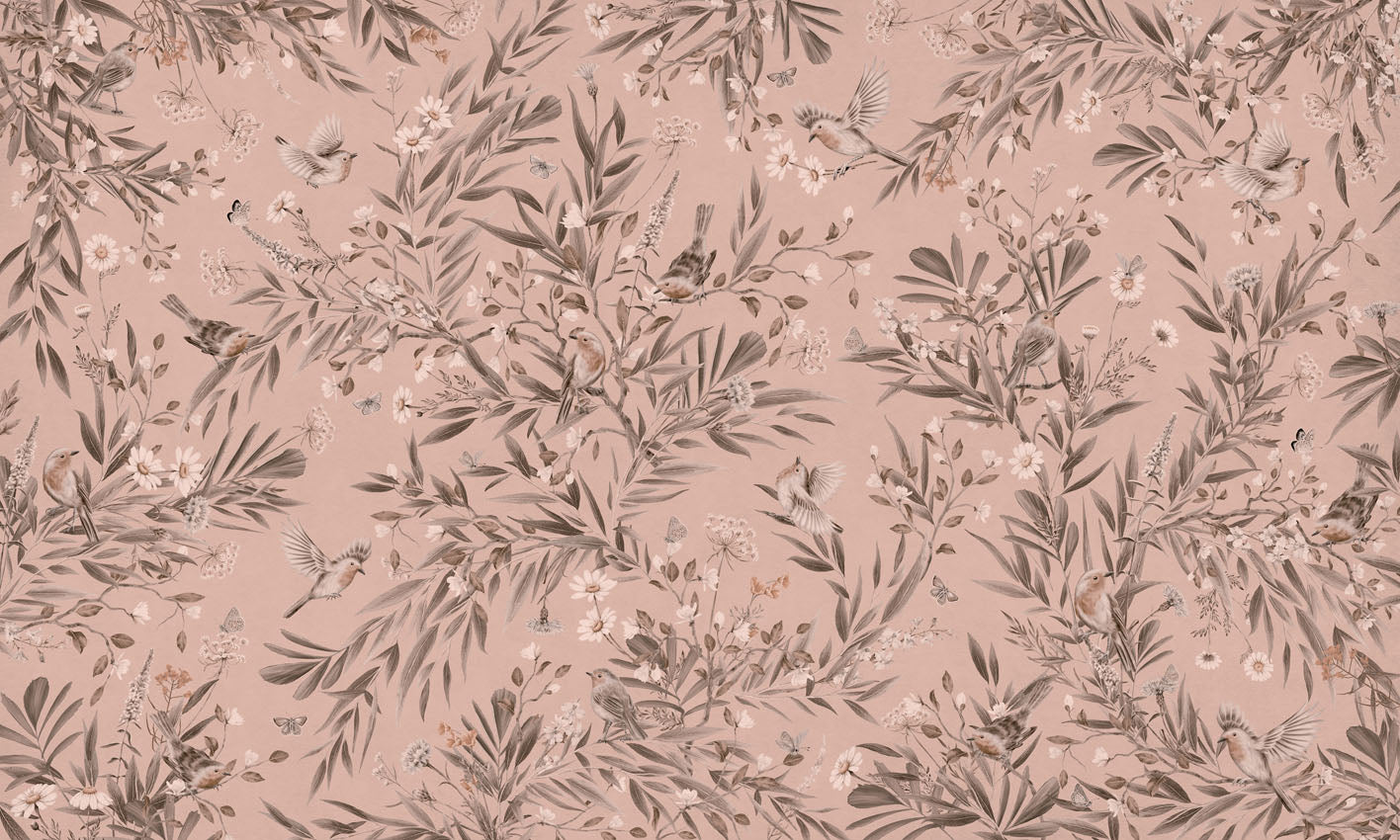 Playful Robins - Monochrome - pink European mural wallpaper design for kids room — Artehub Egypt