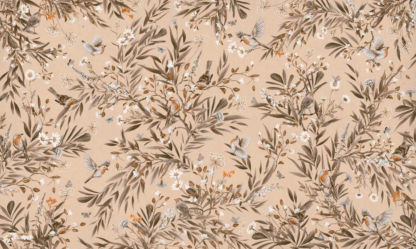 Playful Robins - Vintage - beige European mural wallpaper design for kids room — Artehub Egypt