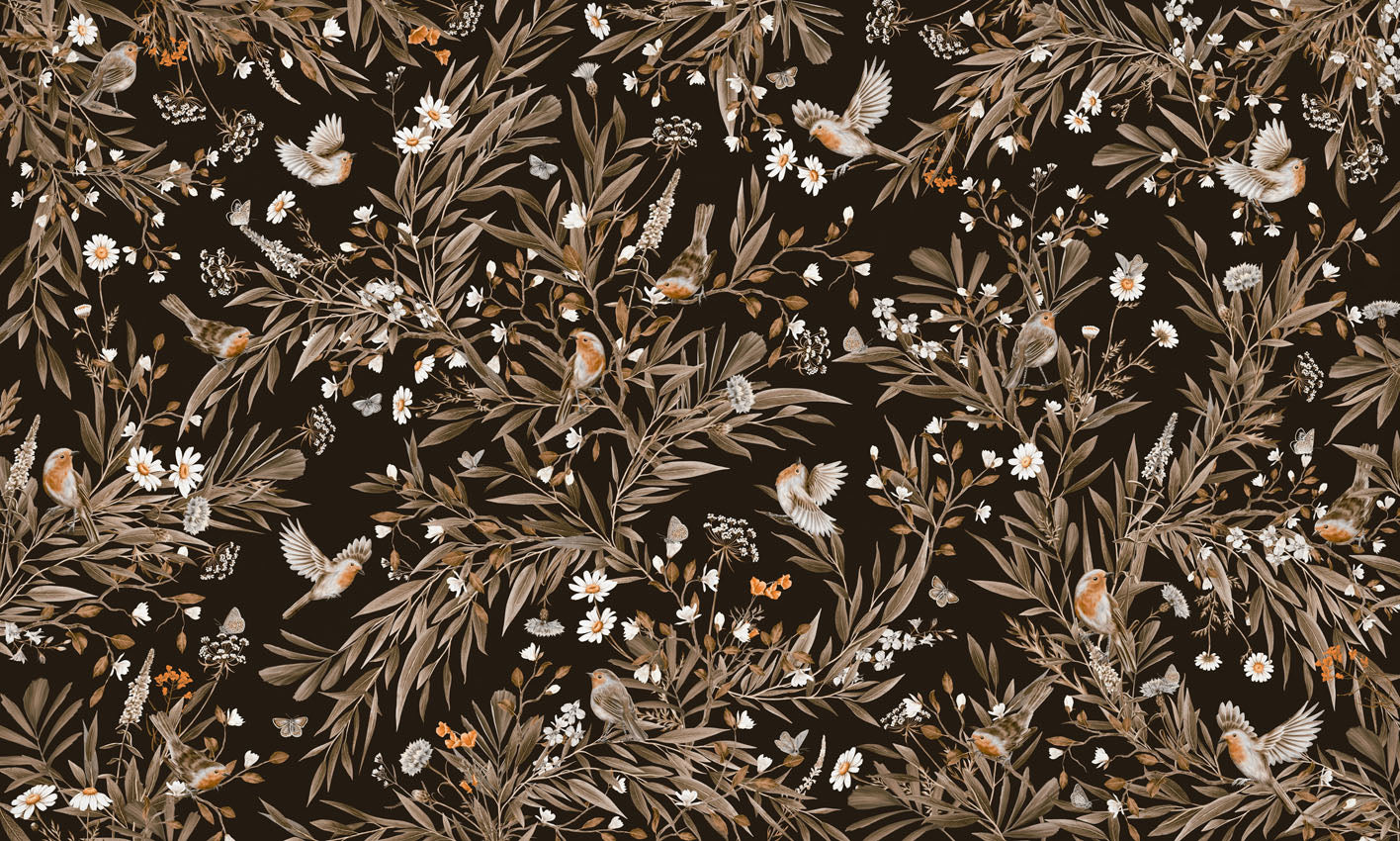 Playful Robins - Vintage - black European mural wallpaper design for kids room — Artehub Egypt