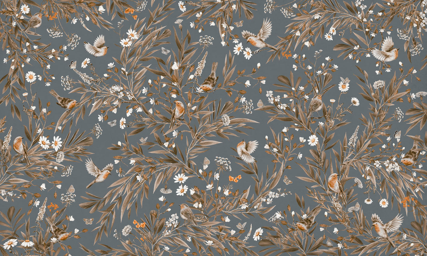 Playful Robins - Vintage - blue European mural wallpaper design for kids room — Artehub Egypt