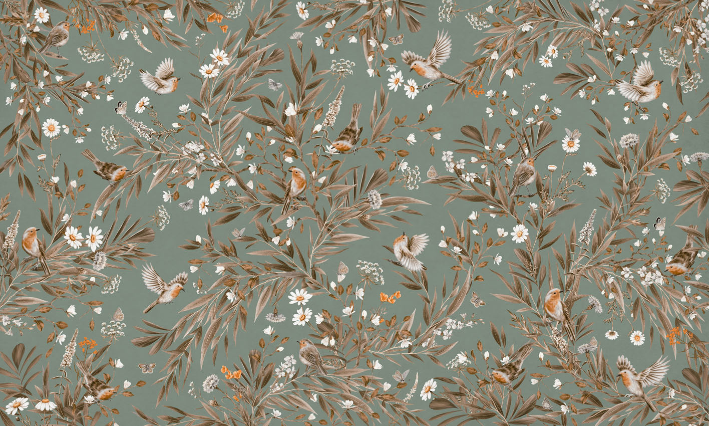 Playful Robins - Vintage - green European mural wallpaper design for kids room — Artehub Egypt