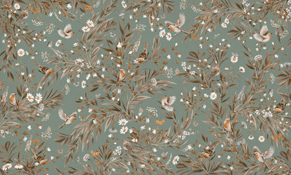 Playful Robins - Vintage - green European mural wallpaper design for kids room — Artehub Egypt