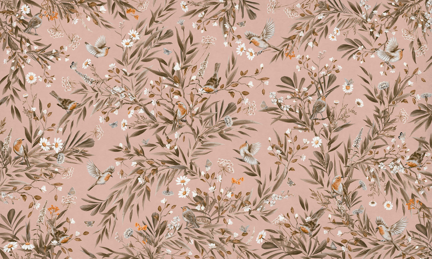 Playful Robins - Vintage - pink European mural wallpaper design for kids room — Artehub Egypt