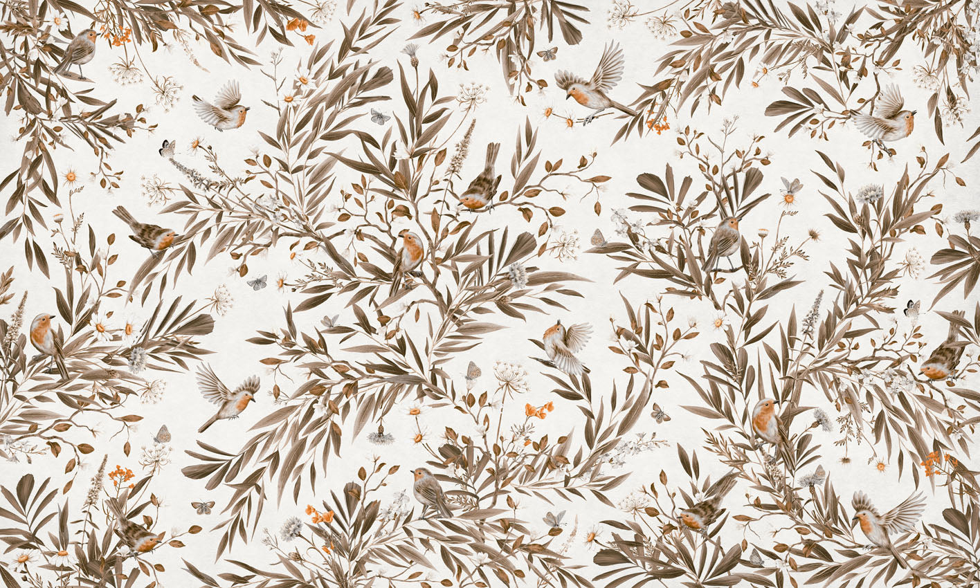 Playful Robins - Vintage - white European mural wallpaper design for kids room — Artehub Egypt