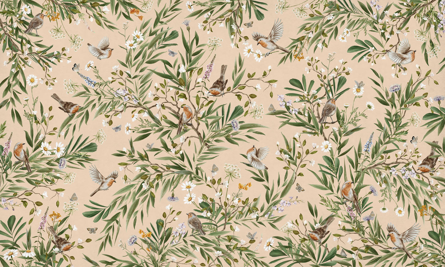 Playful Robins - beige European mural wallpaper design for kids room — Artehub Egypt