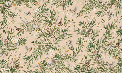 Playful Robins - beige European mural wallpaper design for kids room — Artehub Egypt