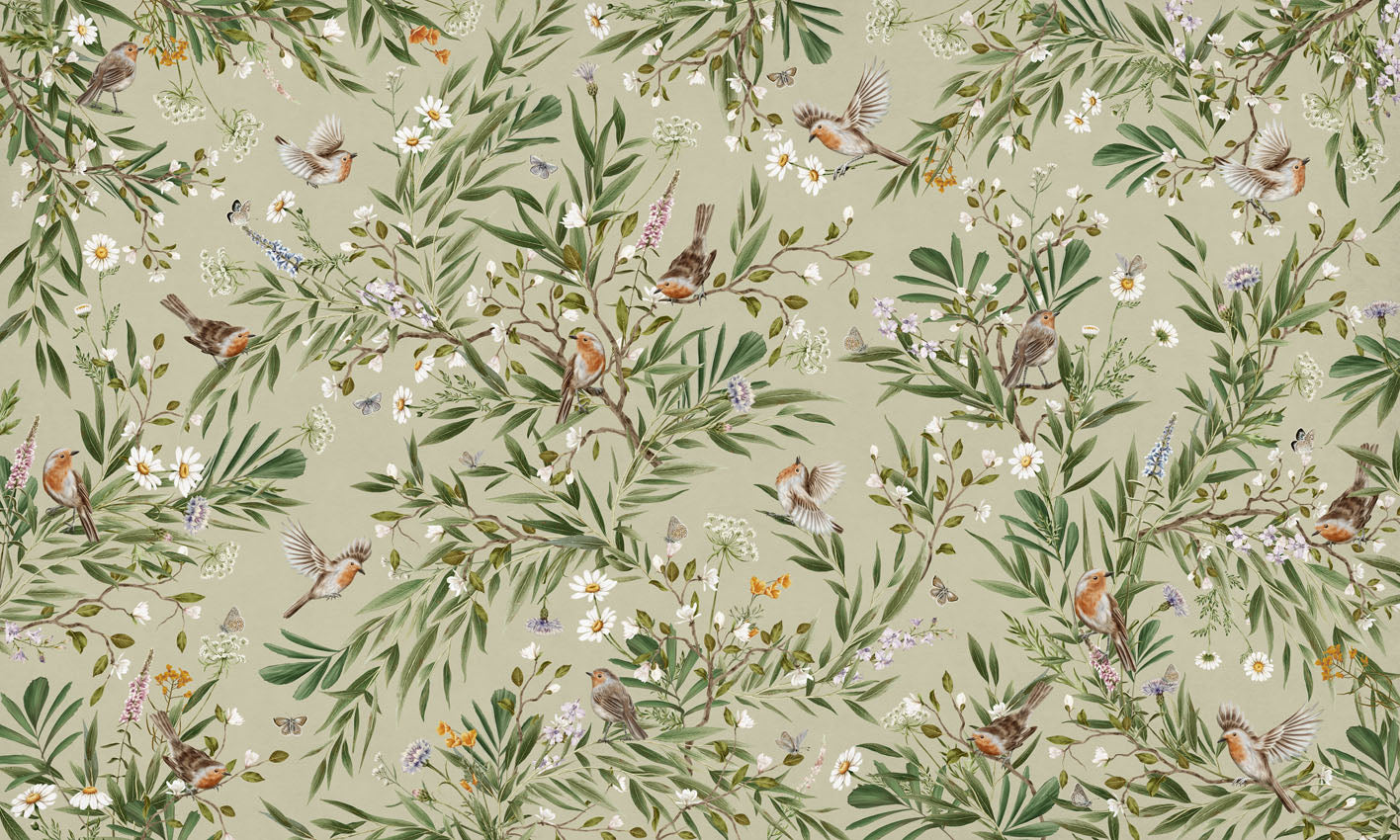 Playful Robins - green European mural wallpaper design for kids room — Artehub Egypt