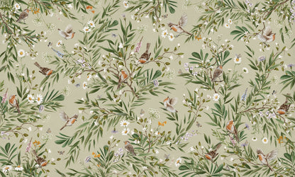 Playful Robins - green European mural wallpaper design for kids room — Artehub Egypt