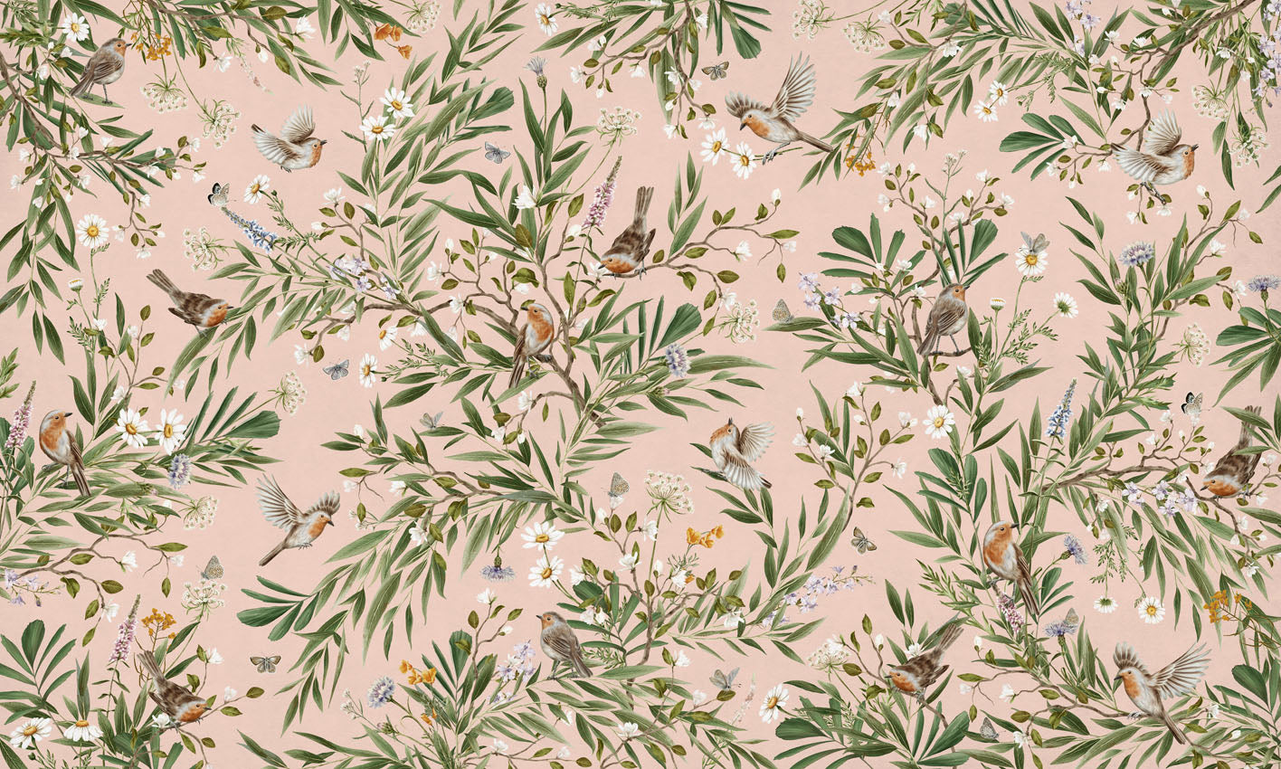 Playful Robins - pink European mural wallpaper design for kids room — Artehub Egypt