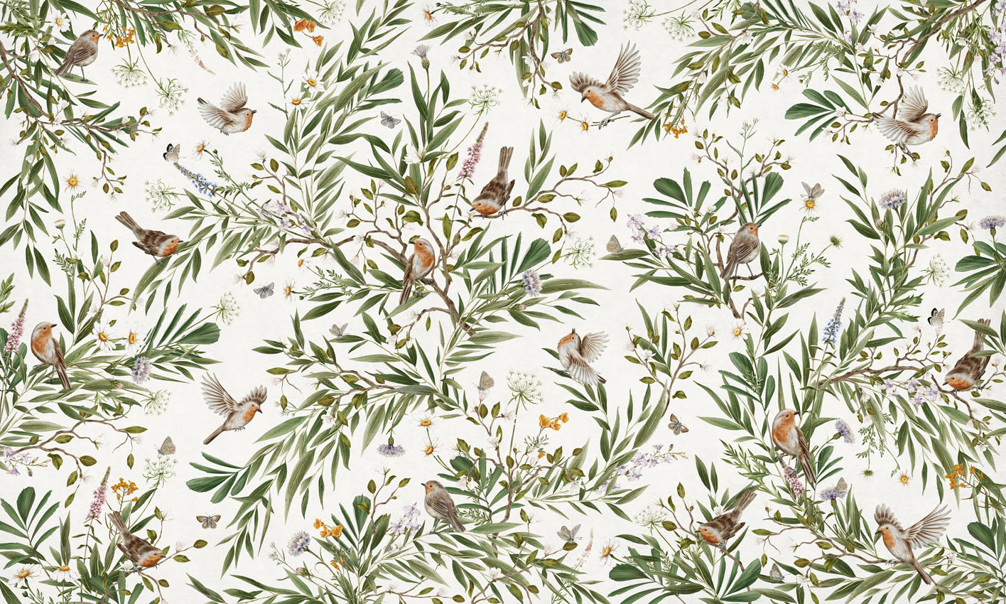 Playful Robins - white European mural wallpaper design for kids room — Artehub Egypt