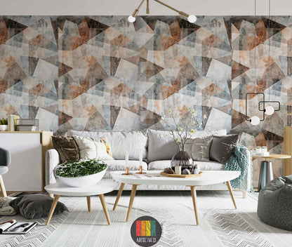 Full view of a modern living room in Egypt featuring a stylish Prism geometric abstract wallpaper in muted earth tones, complemented by a white sofa and contemporary decor elements.
صورة كاملة لغرفة معيشة عصرية في مصر مع ورق حائط Prism بتصميم هندسي مجرد وألوان ترابية هادئة، يكملها أريكة بيضاء وديكورات حديثة.
room: living room