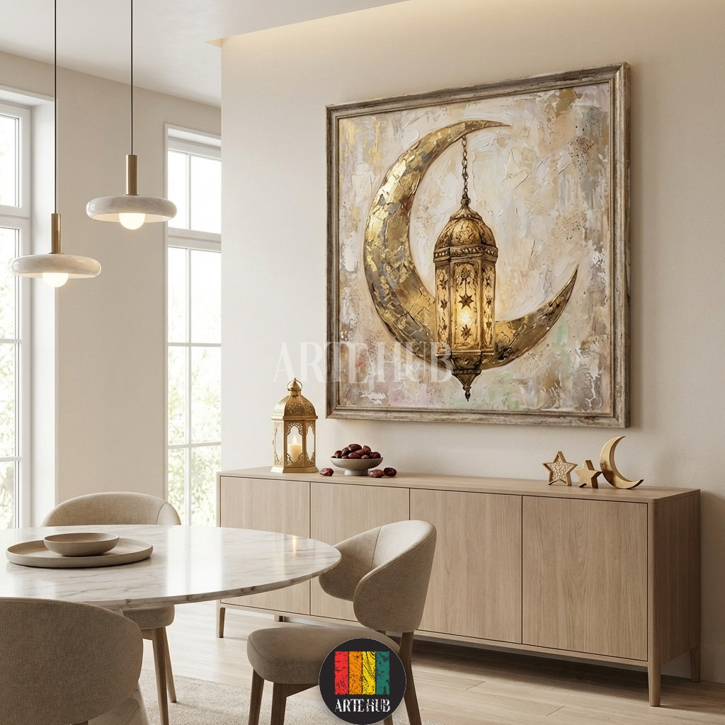 A textured canvas painting of a golden crescent moon and lantern hanging in a stylish kitchen in Egypt. Perfect Ramadan wall art by Artehub.

لوحة فنية لهلال وفانوس رمضان باللون الذهبي معلقة في مطبخ حديث في مصر من Artehub، ديكور رمضاني فاخر.