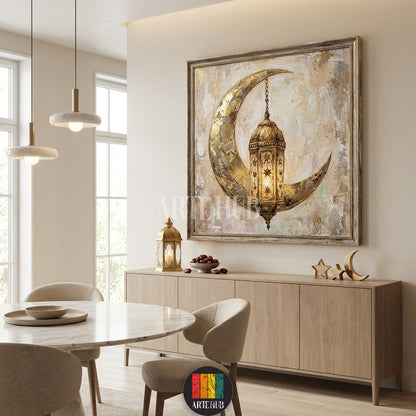 A textured canvas painting of a golden crescent moon and lantern hanging in a stylish kitchen in Egypt. Perfect Ramadan wall art by Artehub.

لوحة فنية لهلال وفانوس رمضان باللون الذهبي معلقة في مطبخ حديث في مصر من Artehub، ديكور رمضاني فاخر.