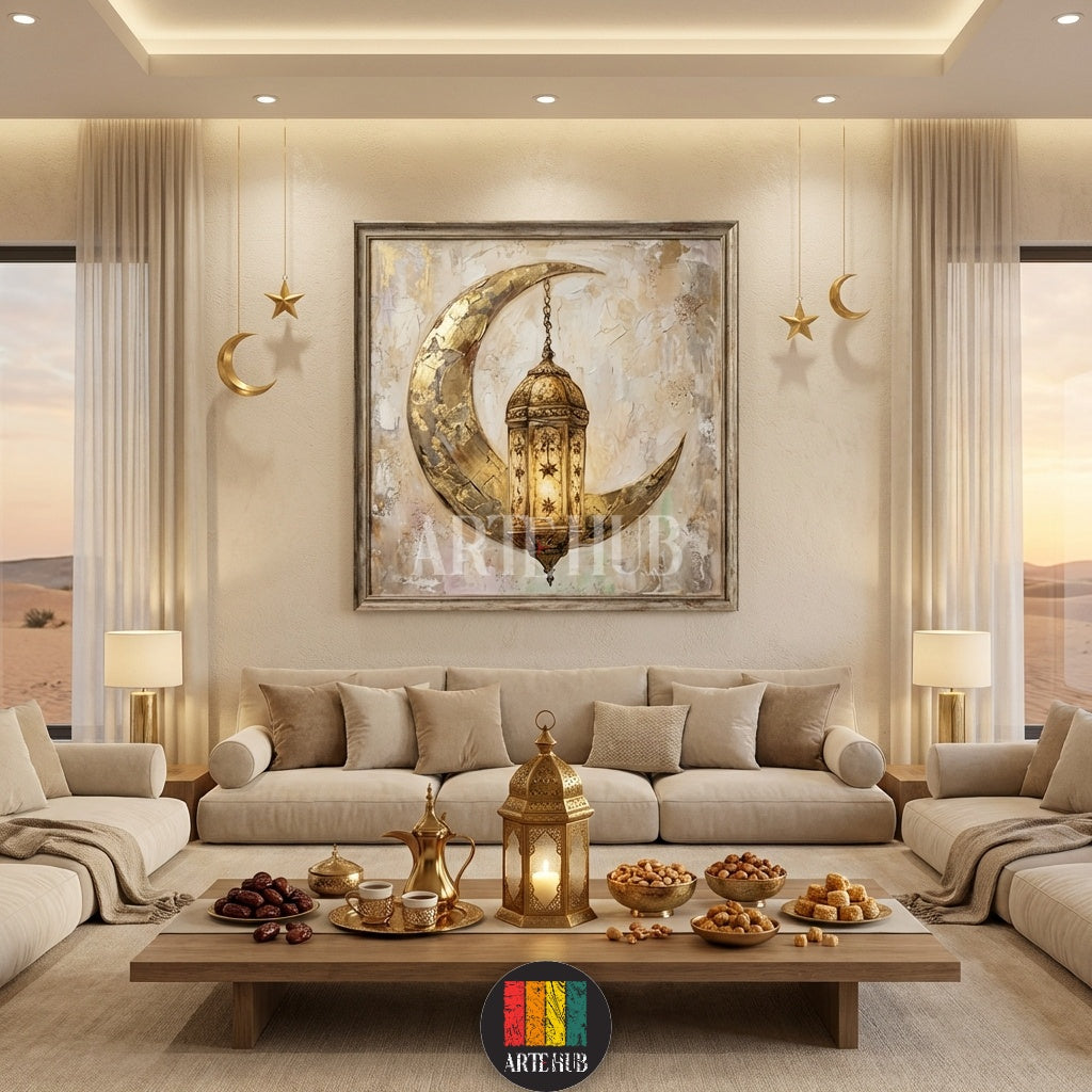 A textured canvas painting of a golden crescent moon and lantern hanging in a stylish kitchen in Egypt. Perfect Ramadan wall art by Artehub.

لوحة فنية لهلال وفانوس رمضان باللون الذهبي معلقة في مطبخ حديث في مصر من Artehub، ديكور رمضاني فاخر.