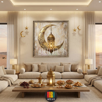 A textured canvas painting of a golden crescent moon and lantern hanging in a stylish kitchen in Egypt. Perfect Ramadan wall art by Artehub.

لوحة فنية لهلال وفانوس رمضان باللون الذهبي معلقة في مطبخ حديث في مصر من Artehub، ديكور رمضاني فاخر.