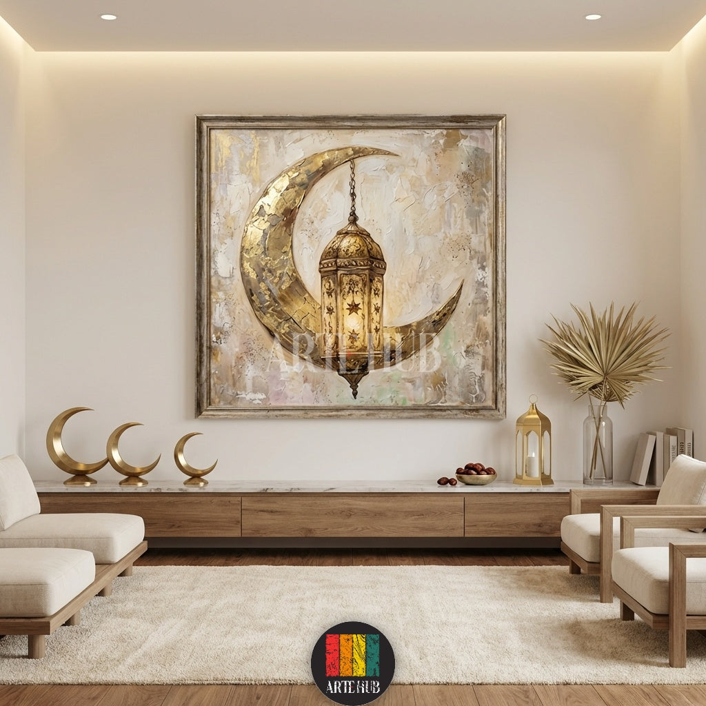 A textured canvas painting of a golden crescent moon and lantern hanging in a stylish kitchen in Egypt. Perfect Ramadan wall art by Artehub.

لوحة فنية لهلال وفانوس رمضان باللون الذهبي معلقة في مطبخ حديث في مصر من Artehub، ديكور رمضاني فاخر.