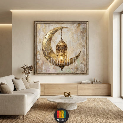 A textured canvas painting of a golden crescent moon and lantern hanging in a stylish kitchen in Egypt. Perfect Ramadan wall art by Artehub.

 لوحة فنية لهلال وفانوس رمضان باللون الذهبي معلقة في مطبخ حديث في مصر من Artehub، ديكور رمضاني فاخر.