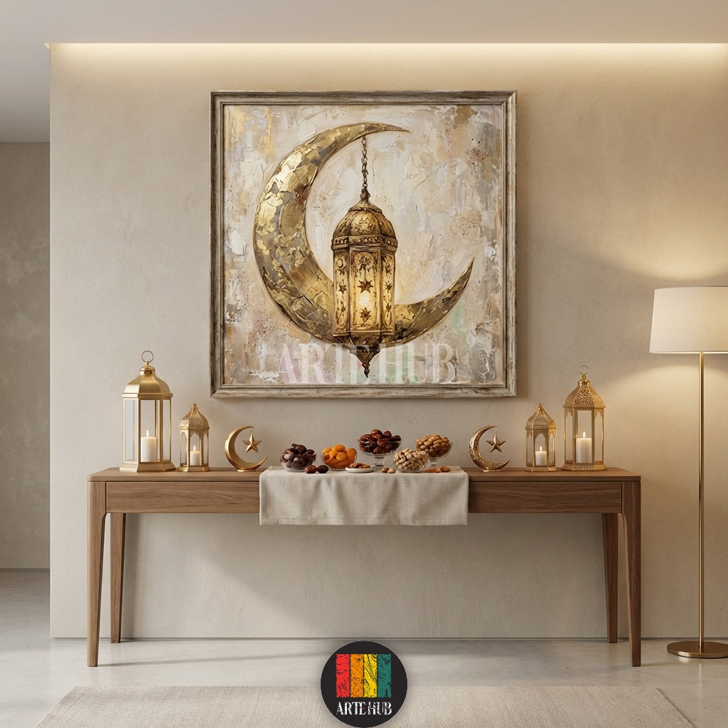 A textured canvas painting of a golden crescent moon and lantern hanging in a stylish kitchen in Egypt. Perfect Ramadan wall art by Artehub.

لوحة فنية لهلال وفانوس رمضان باللون الذهبي معلقة في مطبخ حديث في مصر من Artehub، ديكور رمضاني فاخر.