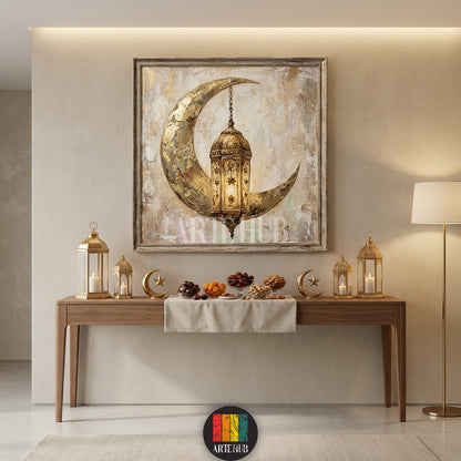 A textured canvas painting of a golden crescent moon and lantern hanging in a stylish kitchen in Egypt. Perfect Ramadan wall art by Artehub.

لوحة فنية لهلال وفانوس رمضان باللون الذهبي معلقة في مطبخ حديث في مصر من Artehub، ديكور رمضاني فاخر.