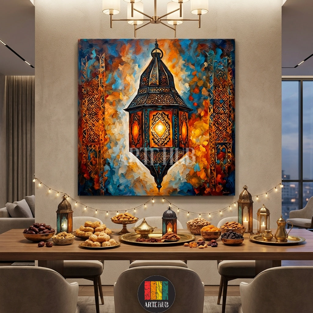 A vibrant, colorful artistic painting of a traditional Egyptian lantern (Fanous) on canvas. Premium wall decor by Artehub for a stylish Egyptian home.

لوحة فنية مرسومة لفانوس رمضان التقليدي بألوان زاهية على كانفس. ديكور حائط راقي من آرت هب (Artehub) مثالي للمنازل في مصر يعبر عن التراث.