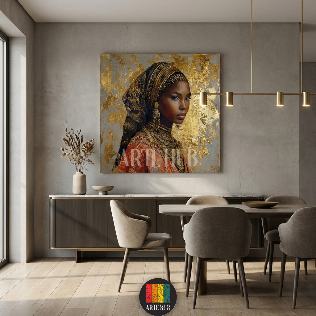 Close-up of a regal portrait on canvas featuring a beautiful woman with a headscarf and ornate jewelry against a gold leaf background, perfect for luxury home decor in Egypt.
صورة مقربة لتابلوه قماش يظهر بورتريه امرأة جميلة ترتدي حجاباً ومجوهرات فاخرة على خلفية ذهبية لامعة، مثالي لديكور المنزل الفاخر في مصر.