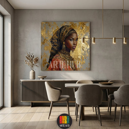 Close-up of a regal portrait on canvas featuring a beautiful woman with a headscarf and ornate jewelry against a gold leaf background, perfect for luxury home decor in Egypt.
صورة مقربة لتابلوه قماش يظهر بورتريه امرأة جميلة ترتدي حجاباً ومجوهرات فاخرة على خلفية ذهبية لامعة، مثالي لديكور المنزل الفاخر في مصر.