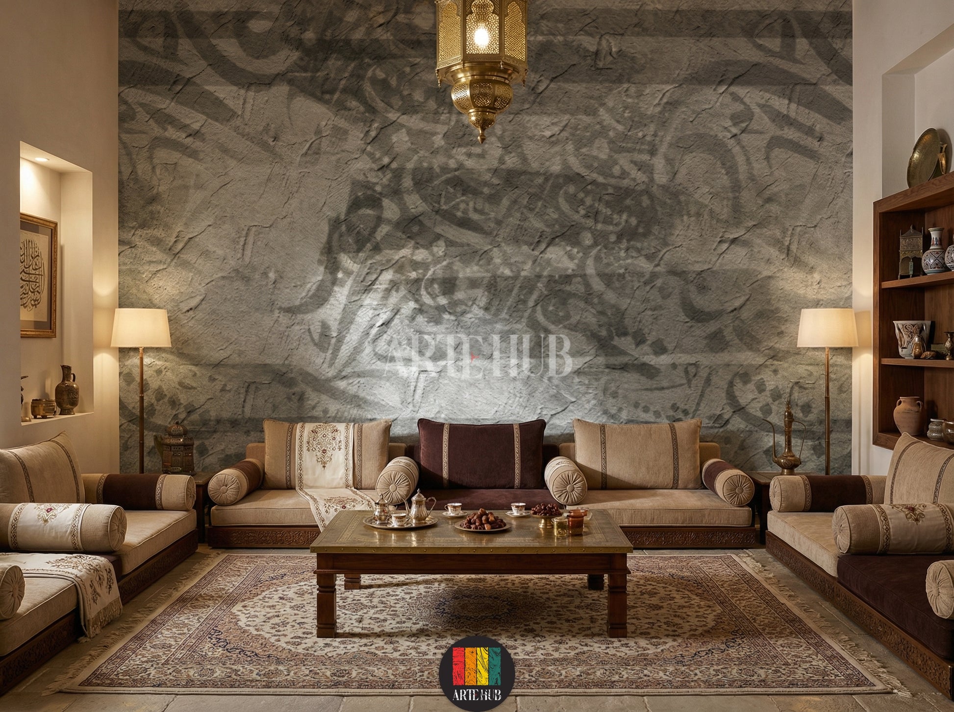 A modern majles room featuring a grey Relief textured wallpaper with subtle abstract patterns, a light beige sectional sofa, marble coffee table, and a small plant. Perfect for contemporary wall decor in Egypt.
غرفة مجلس عصرية تضم ورق حائط Relief رمادي بتصميم خرساني ونقوش تجريدية خفيفة، مع كنبة مودرن باللون البيج الفاتح وطاولة قهوة رخامية ونبات. مثالي لديكورات حوائط مصر.
room: majles room
