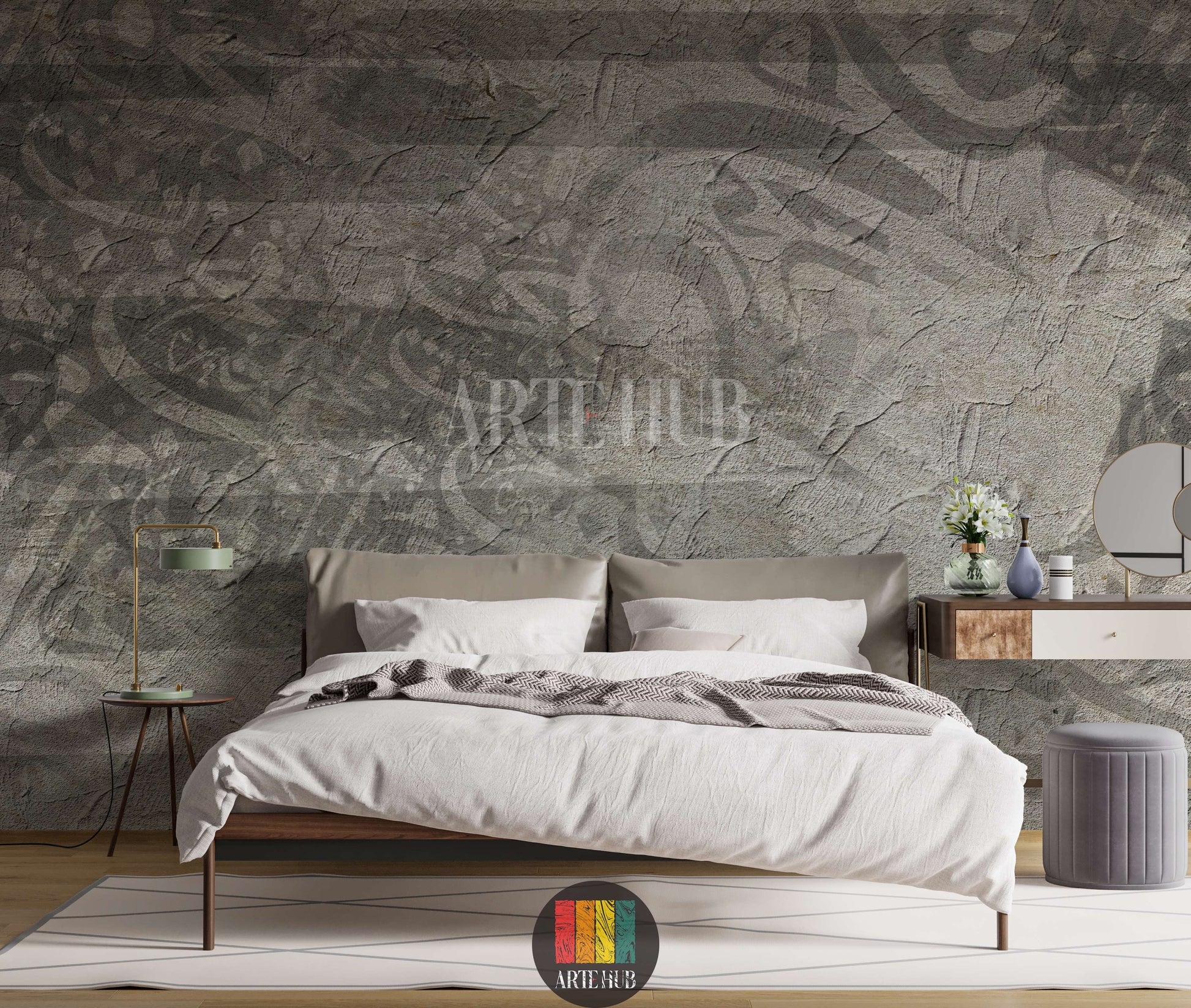 A modern bedroom featuring a grey Relief textured wallpaper with subtle abstract patterns, a light beige sectional sofa, marble coffee table, and a small plant. Perfect for contemporary wall decor in Egypt.
غرفة نوم عصرية تضم ورق حائط Relief رمادي بتصميم خرساني ونقوش تجريدية خفيفة، مع كنبة مودرن باللون البيج الفاتح وطاولة قهوة رخامية ونبات. مثالي لديكورات حوائط مصر.
room: bedroom