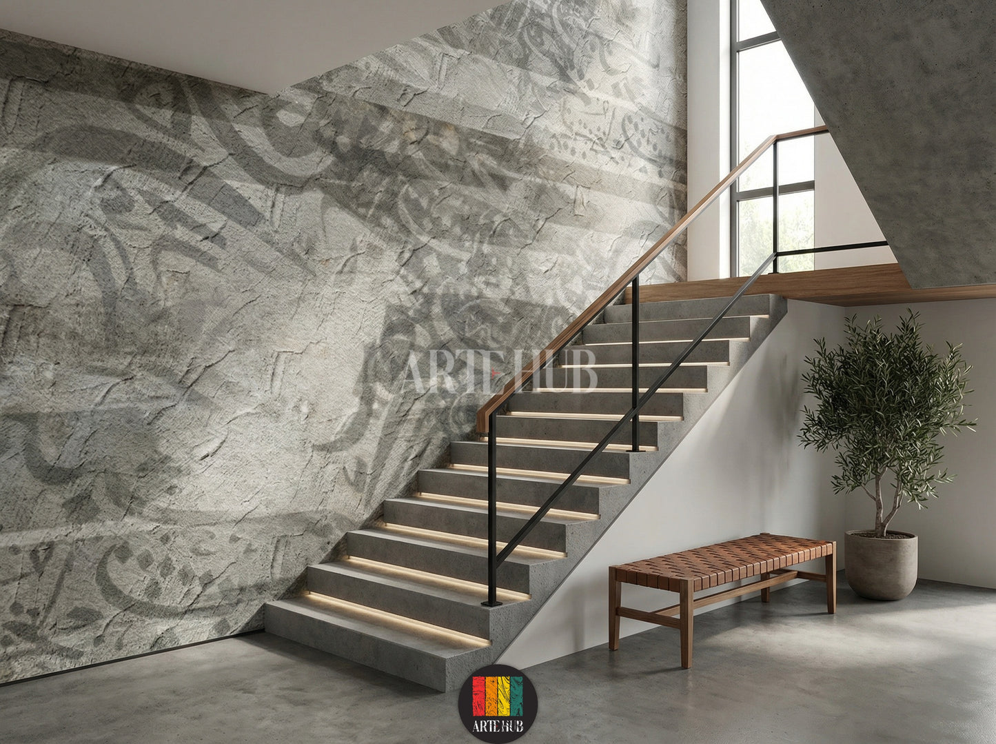 A modern stairs featuring a grey Relief textured wallpaper with subtle abstract patterns, a light beige sectional sofa, marble coffee table, and a small plant. Perfect for contemporary wall decor in Egypt.
غرفة عصرية تضم ورق حائط Relief رمادي بتصميم خرساني ونقوش تجريدية خفيفة، مع كنبة مودرن باللون البيج الفاتح وطاولة قهوة رخامية ونبات. مثالي لديكورات حوائط مصر.
room: stairs