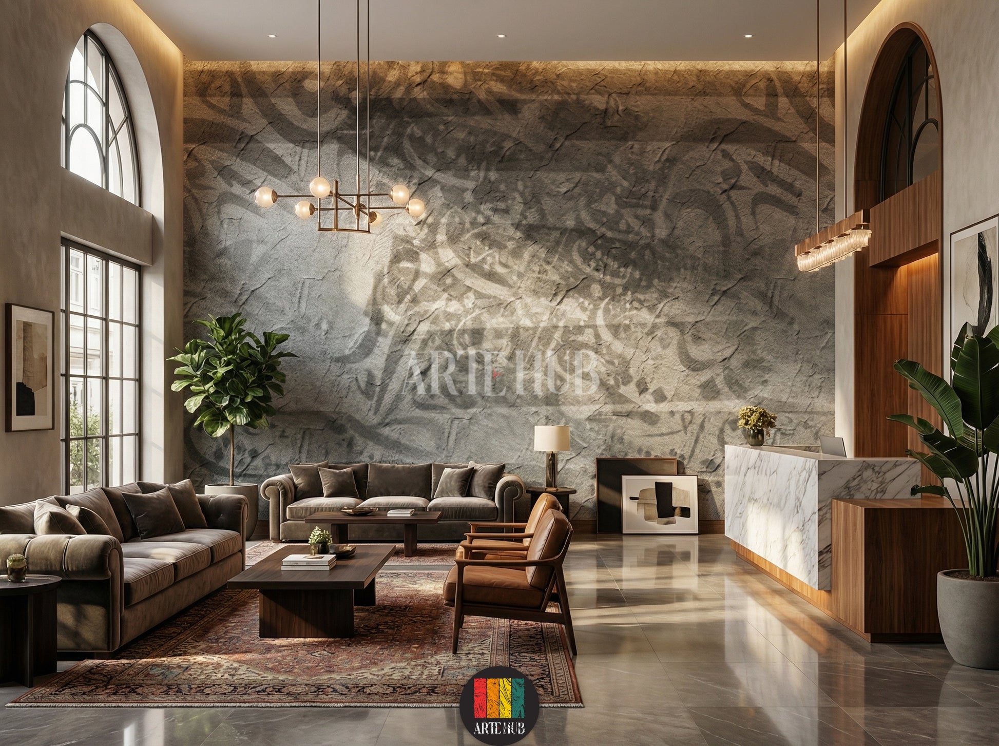A modern lobby featuring a grey Relief textured wallpaper with subtle abstract patterns, a light beige sectional sofa, marble coffee table, and a small plant. Perfect for contemporary wall decor in Egypt.
غرفة عصرية تضم ورق حائط Relief رمادي بتصميم خرساني ونقوش تجريدية خفيفة، مع كنبة مودرن باللون البيج الفاتح وطاولة قهوة رخامية ونبات. مثالي لديكورات حوائط مصر.
room: lobby
