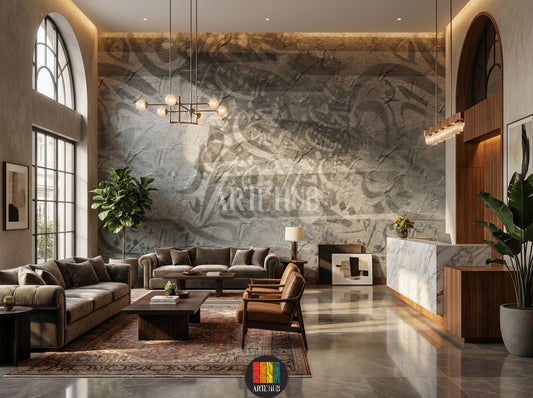 A modern lobby featuring a grey Relief textured wallpaper with subtle abstract patterns, a light beige sectional sofa, marble coffee table, and a small plant. Perfect for contemporary wall decor in Egypt.
غرفة عصرية تضم ورق حائط Relief رمادي بتصميم خرساني ونقوش تجريدية خفيفة، مع كنبة مودرن باللون البيج الفاتح وطاولة قهوة رخامية ونبات. مثالي لديكورات حوائط مصر.
room: lobby