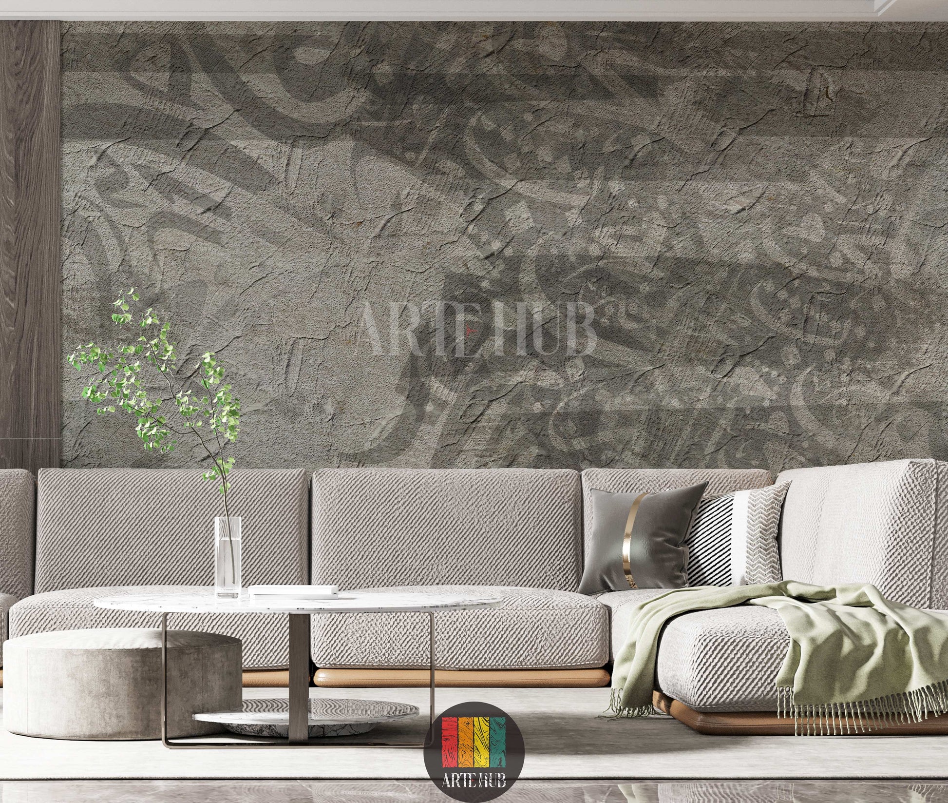 A modern living room featuring a grey Relief textured wallpaper with subtle abstract patterns, a light beige sectional sofa, marble coffee table, and a small plant. Perfect for contemporary wall decor in Egypt.
غرفة معيشة عصرية تضم ورق حائط Relief رمادي بتصميم خرساني ونقوش تجريدية خفيفة، مع كنبة مودرن باللون البيج الفاتح وطاولة قهوة رخامية ونبات. مثالي لديكورات حوائط مصر.
room: living room